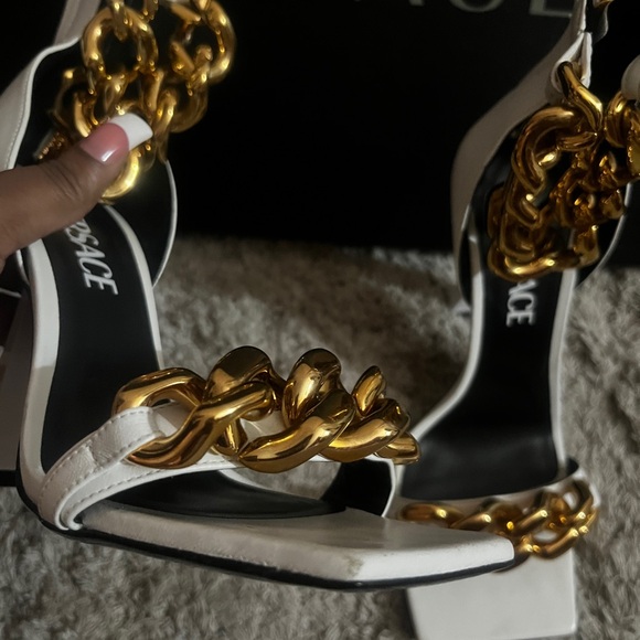 Versace White Heels with Gold Chain Detail - Picture 3 of 7